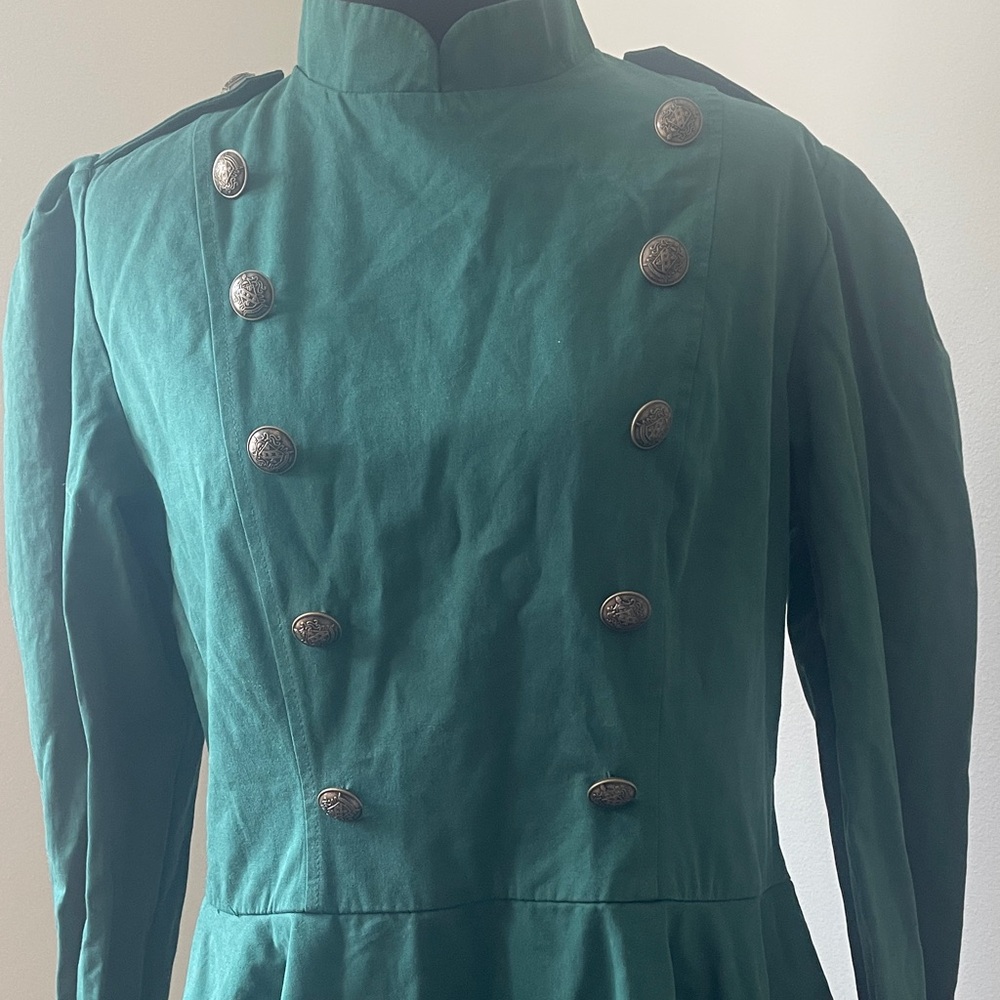 Women's Emerald Green Double-Breasted Military Pea Coat Dress - Picture 7 of 13
